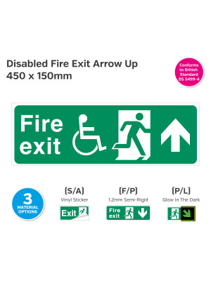 Disabled Fire Exit Arrow Up Sign - 450 x 150mm