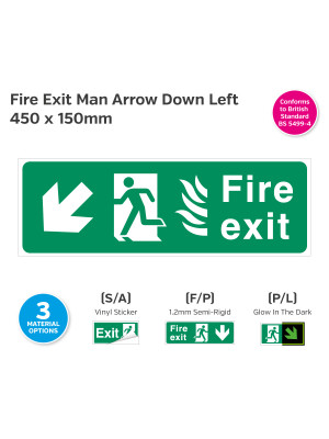 Fire Exit Man Arrow Down Left for Hospitals 450 x 150mm