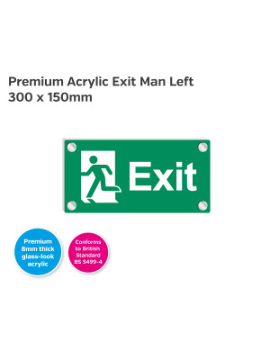 Premium Clear Acrylic Fire Exit Man Left Sign - 300 x 150mm