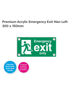 Premium Clear Acrylic Emergency Exit Only Man Left Sign - 300 x 150mm