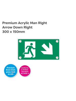 Premium Clear Acrylic Man Right Arrow Down Right Sign - 300 x 150mm