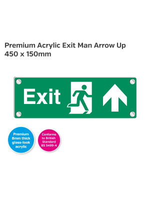 Premium Clear Acrylic Fire Exit Arrow Up Sign - 450 x 150mm