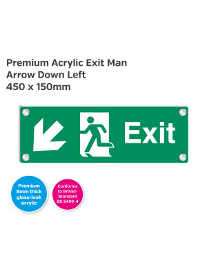 Premium Clear Acrylic Fire Exit Man Arrow Down Left Sign - 450 x 150mm
