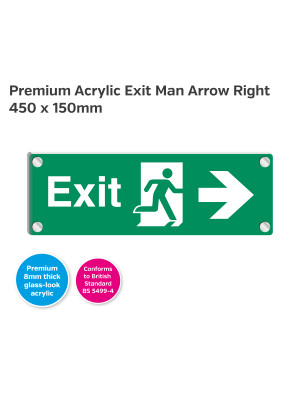 Premium Clear Acrylic Fire Exit Man Arrow Right Sign - 450 x 150mm