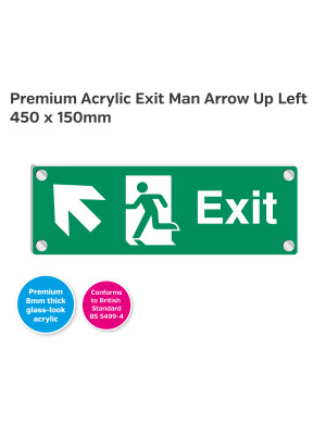 Premium Clear Acrylic Fire Exit Man Arrow Up Left Sign - 450 x 150mm
