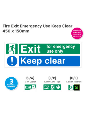 Fire Exit for Emergency Use Only / Keep Clear Sign - 450 x 150mm