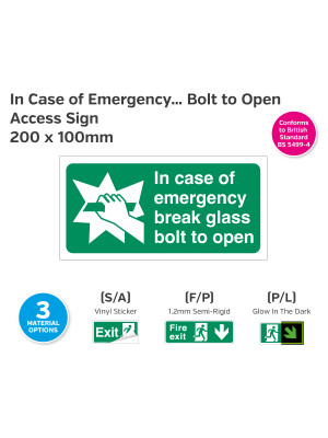 In Case of Emergency Break Glass Bolt to Open Sign - 200 x 100mm