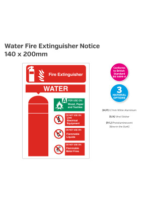 Water Fire Extinguisher Equipment Sign - 140 x 200mm