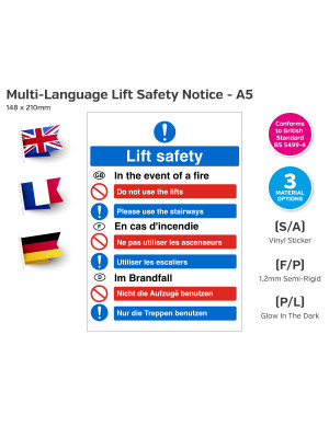 Multi-Language Lift Safety Fire Action Notice - A5