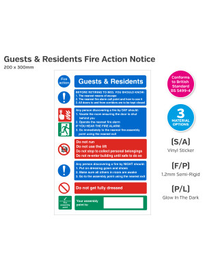 Guests and Residents Fire Action Notice - 200 x 300mm