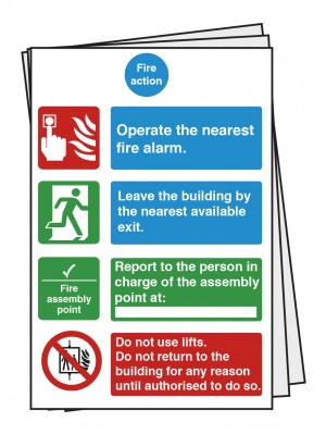 2 Part Fire Action Safety Sign. Pack of 15