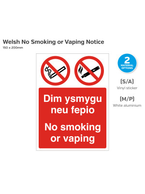 Welsh No Smoking or Vaping Sign - 150 x 200mm