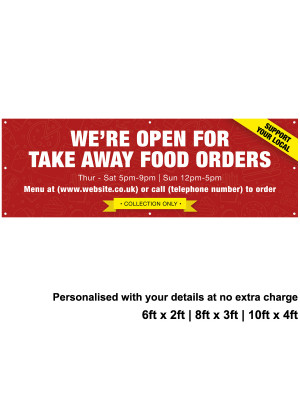 Were Open for Take Away food Orders Personalised PVC Banner - Red