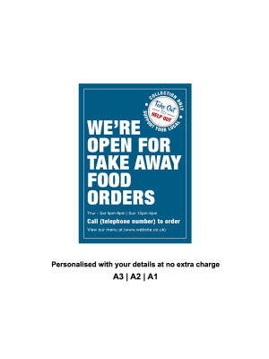 We are Open for Take Away food orders Personalised Anti-Tear Waterproof Poster - Blue