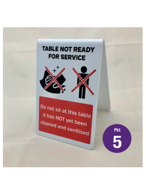 This table has NOT yet been sanitised / not ready for service tabletop hygiene tent notice. Pack of 5