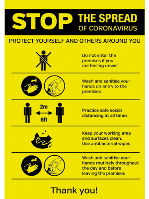 STOP the spread of the Coronavirus social distancing premises notice