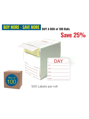 Removable Food Preparation Use by Labels. Box of 100 rolls