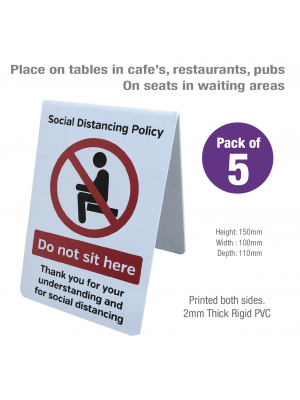 Do Not Sit Here social distancing guidance freestanding tent notice. Pack of 5
