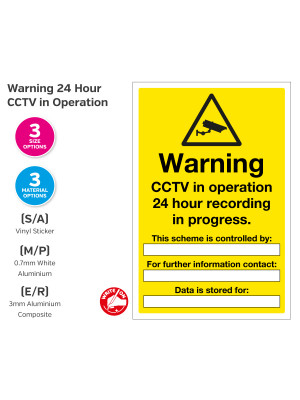 Warning 24 hour recording CCTV in operation controlled by. Write on notice.