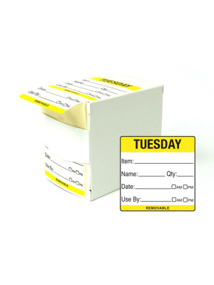 DY058 - 50mm Tuesday Food Preparation Rotation Label. 500 Per Roll (Boxed)