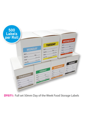 Day of the Week Colour Coded Food storage Labels - 50x50mm - Optional Label Dispenser