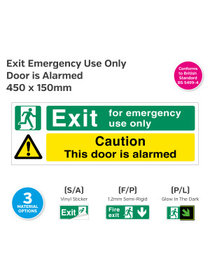 Exit for Emergency Use Only / Caution This Door is Alarmed 450 x 150mm