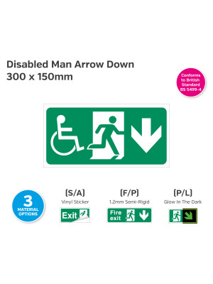 Disabled Exit Arrow Down Sign - 300 x 150mm
