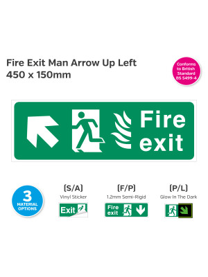 Fire Exit Man Arrow Up Left for Hospitals 450 x 150mm