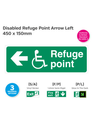 Disabled Refuge Point Arrow Left Sign - 450 x 150mm