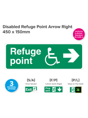 Disabled Refuge Point Arrow Right Sign - 450 x 150mm