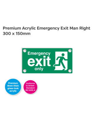 Premium Clear Acrylic Emergency Exit Only Man Right Sign - 300 x 150mm