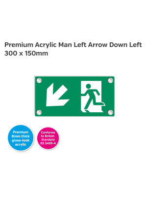 Premium Clear Acrylic Man Left Arrow Down Left Sign - 300 x 150mm