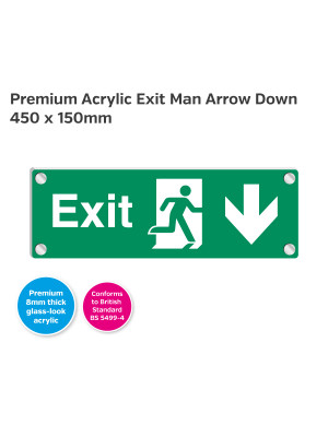 Premium Clear Acrylic Fire Exit Arrow Down Sign - 450 x 150mm