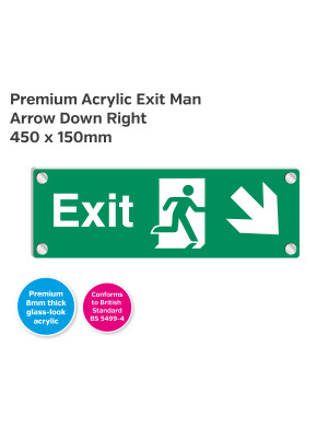 Premium Clear Acrylic Fire Exit Arrow Down Right Sign - 450 x 150mm