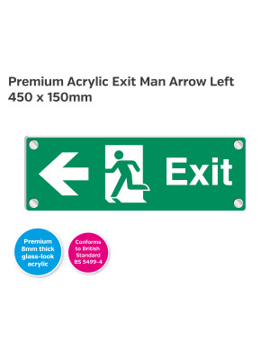 Premium Clear Acrylic Fire Exit Man Arrow Left Sign - 450 x 150mm