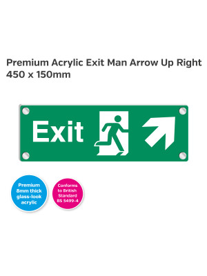 Premium Clear Acrylic Fire Exit Man Arrow Up Right Sign - 450 x 150mm