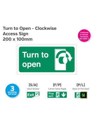 Turn to Open Clockwise Sign 200 x 100mm