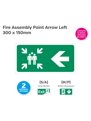 Fire Assembly Point Arrow Left Sign - 300 x 150mm
