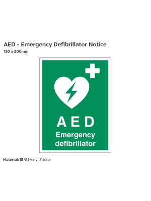 AED Emergency Defibrillator Notice - 150 x 200mm Vinyl Sticker