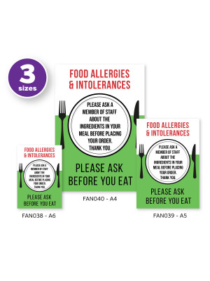 Food Allergies & Intolerance, Please Ask a Member of Staff about Ingredients Cafe & Pub Notice (2 x Display Options) 