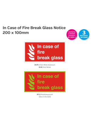 In Case of Fire Break Glass Sign 200 x 100mm