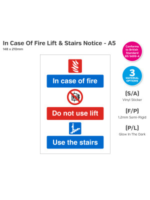 In Case of Fire, Do Not Use Lift, Use The Stairs Notice - A5