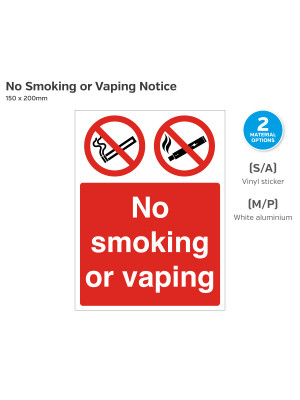 No Smoking or Vaping Sign - 150 x 200mm