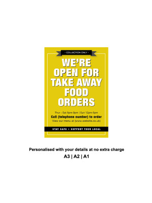 We are Open for Take Away food orders Personalised Anti-Tear Waterproof Poster - Yellow