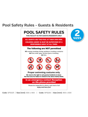 Pool Rules Safety Notice - Residents & Guests - 2 Sizes