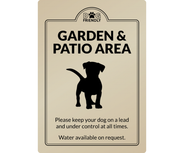 dg0013g dog friendly garden patio area gold exterior sign