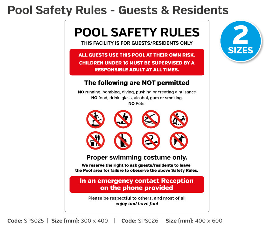 Pool Rules Safety Notice Residents Guests 2 Sizes Mileta Signs 