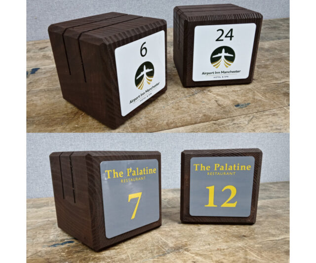 wooden block menu holders branded