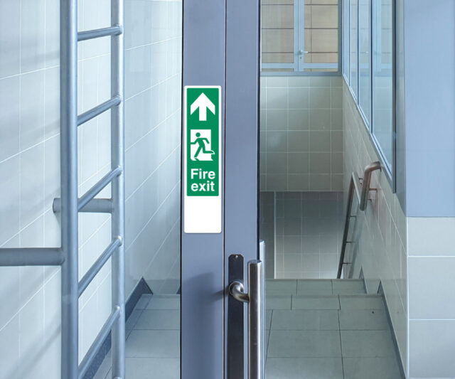 es229 fire exit man left arrow up finger plate