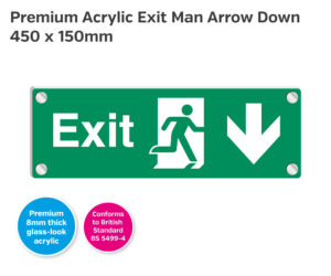 es407 premium acrylic exit man arrow down 450x150